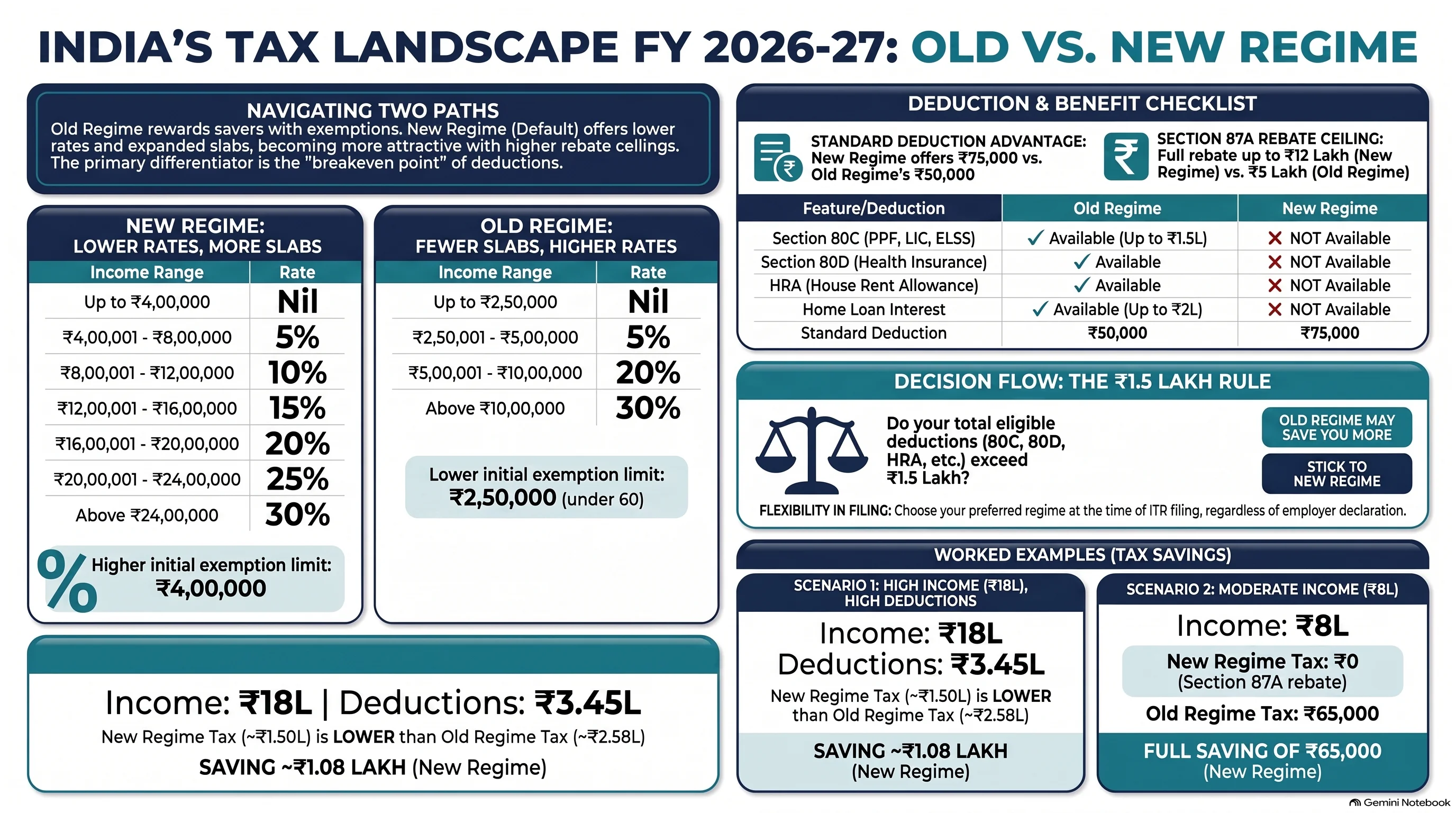 Old vs New Tax Regime Comparison โ Slabs, Deductions & Decision Flow for FY 2026-27